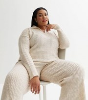 New Look Curves Cream Cable Knit Collared Long Sleeve Top